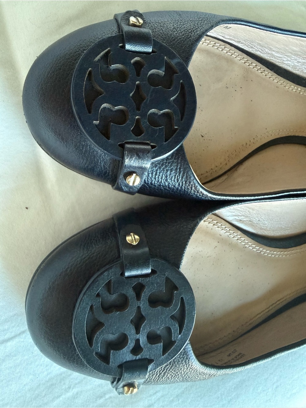 Tory Burch Navy Leather Logo Cutout Flats with Gold Studs